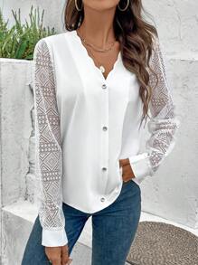 SHEIN Frenchy 女式蕾絲拼接衫,帶波浪領 - 白色 - 查看 6