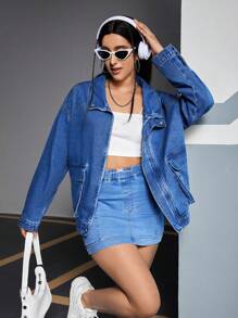 SHEIN EZwear Women's Loose Fit Denim Jacket With Drop Shoulder - Dark Wash - View 1