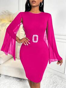 SHEIN Clasi Solid Color Cape Sleeve Dress With Rhinestone Detail - Hot Pink - View 4