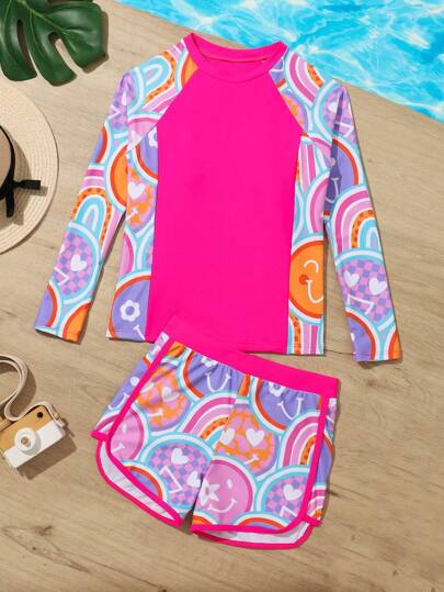 Tween女孩表情印花拼接比基尼套裝