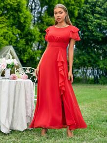 SHEIN Belle 圓領開衩荷葉邊伴娘禮服 - 紅色 - 查看 4