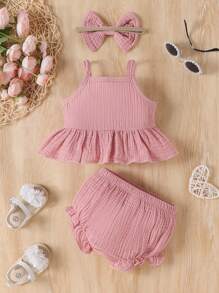 SHEIN Conjunto De 2 Piezas De Camisola Corta Y Shorts De Verano Sólidos Para Niñas Recién Nacidas