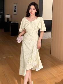 DAZY 女士植物印花荷叶边连衣裙吊带长裙碎花连衣裙 - 黃色 - 查看 4