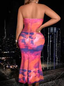 SHEIN SXY Vestido De Sirena Sin Tirantes Con Efecto Tie-dye Para Mujer Talla Grande