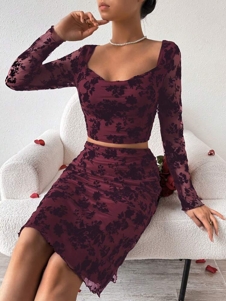 Women's Plush Flower Cutout Long Sleeve Top And Skirt Set