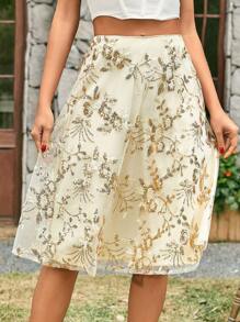 Zolique 女士亮片刺繡網布罩層裙 - 香檳色 - 查看 3