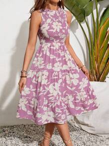SHEIN VCAY Women's Floral Print Shirred Sleeveless Dress - Multicolor - View 1