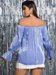 Celure Plus Size Glossy Off Shoulder Flare Sleeve Shirt - Blue - View 2