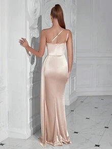 ADYCE Women Ruched Halter High Slit Long Tie Side Dress, Suitable For Celebration Party - Apricot - View 2