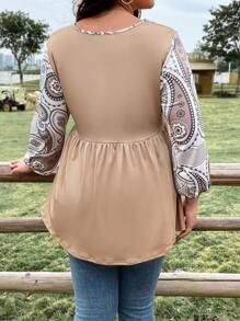 EMERY ROSE 大尺寸女士拼接巴西利印花襯衫,荷葉邊設計 - 彩色 - 查看 2