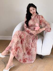 DAZY Đầm nữ in hoa, đầm hoa xếp nếp, đầm tay dài mùa thu, đầm lễ Phục sinh - Hồng - Xem 3