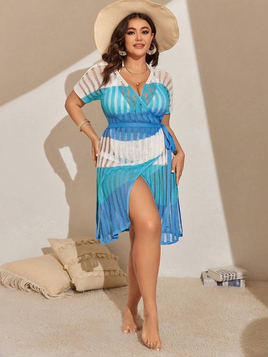 SHEIN Swim Curve 1件大尺碼雙色和服開衫,帶結繩和側開叉,嘉年華風格 - 黑色 - 查看 1