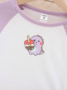 SHEIN Tween Girl Dinosaur Printed Color Block Raglan Sleeve Vacation & Casual T-Shirt - Mauve Purple - View 3