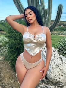 Swim SXY Damskie metaliczne materiałowe halter spaghetti strap bikini ślubne lato - Szampan - Zobacz 1