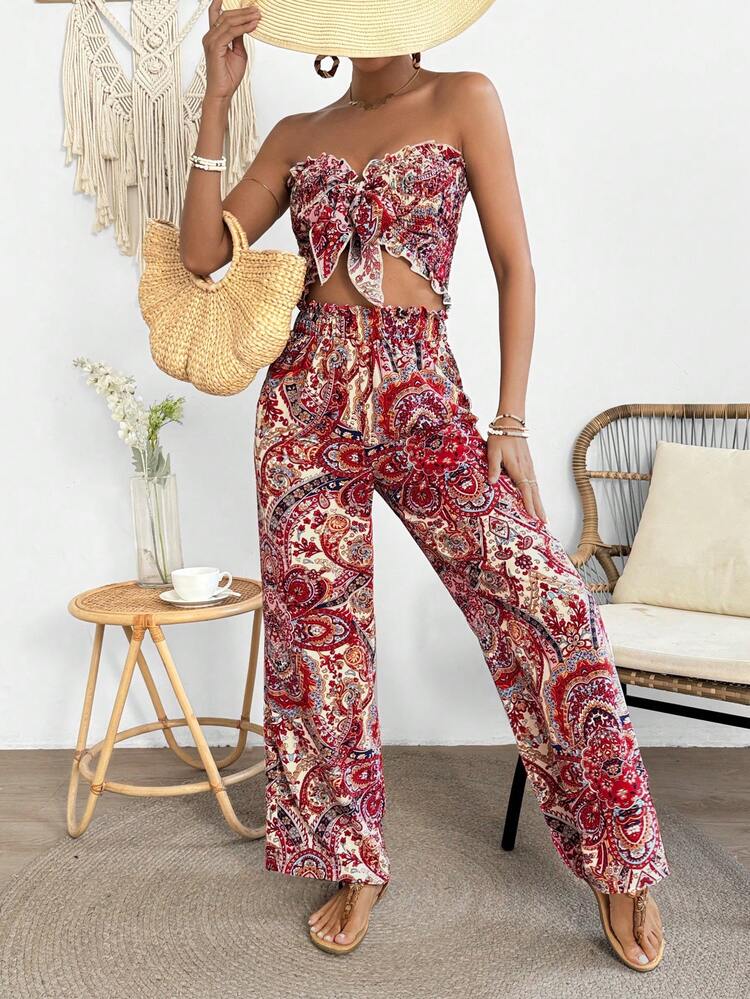 Women's Elegant Paisley Print Front Tie Bandeau Top And Pants Set