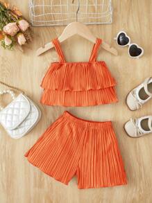 SHEIN Baby Girl Double Layer Lettuce Edge Cami Top And Shorts Set - Orange - View 1