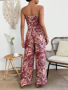 Breezaya Women's Elegant Paisley Print Front Tie Bandeau Top And Pants Set