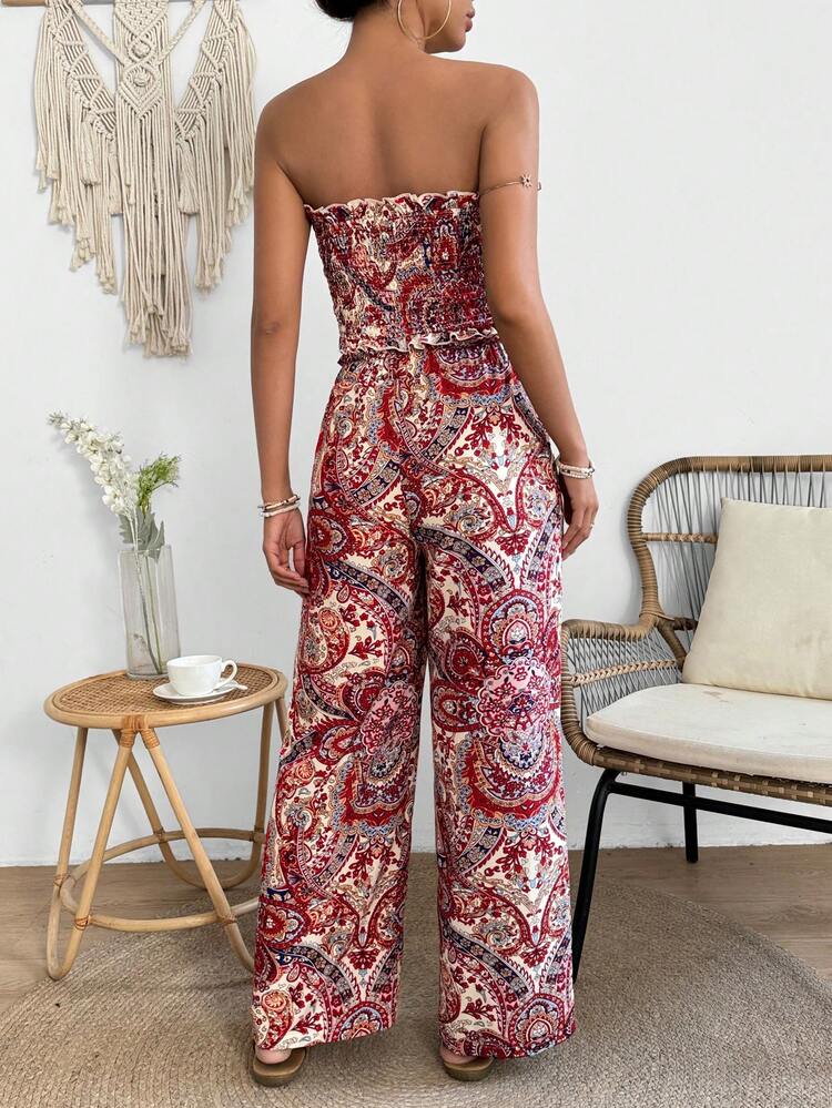 Women's Elegant Paisley Print Front Tie Bandeau Top And Pants Set