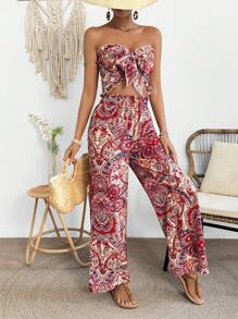 Breezaya Women's Elegant Paisley Print Front Tie Bandeau Top And Pants Set
