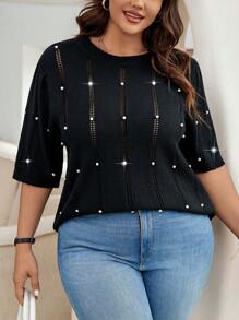 Calvaya Plus Size Women'S Knitted Top With Faux Pearl And Hollow Out Design - Black - View 5