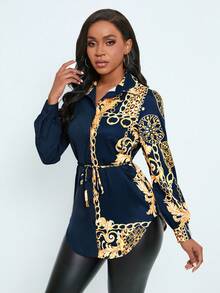 SHEIN Privé Long Sleeve Belted Shirt - Multicolor - View 4