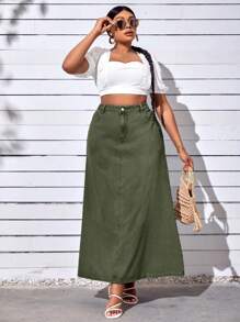 SHEIN CURVE+ Plus Size Women Military Green Fashion Denim Skirt, Non-Stretch