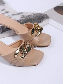 Apricot-Colored, New Arrival Summer/Autumn, Metal Buckle, Simple Style, Crystal Heels, Square Toe, High Heels, Open Toe, Versatile Sandals - Apricot - View 7