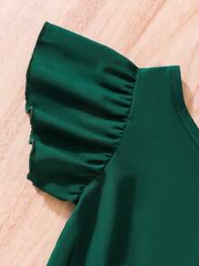 SHEIN Vestido com Ombro Único, Manga Curta, Babado e Saia de Tule com Cinto, Verde, para Meninas Jovens