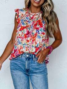 Astylish Women's Boho Floral Print Summer Tank Tops Frill Neck Pleated Sleeveless Shirt Vintage Casual Blouse Top
