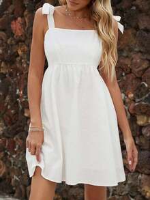 Knotted Shoulder Cami Dress - White - View 5
