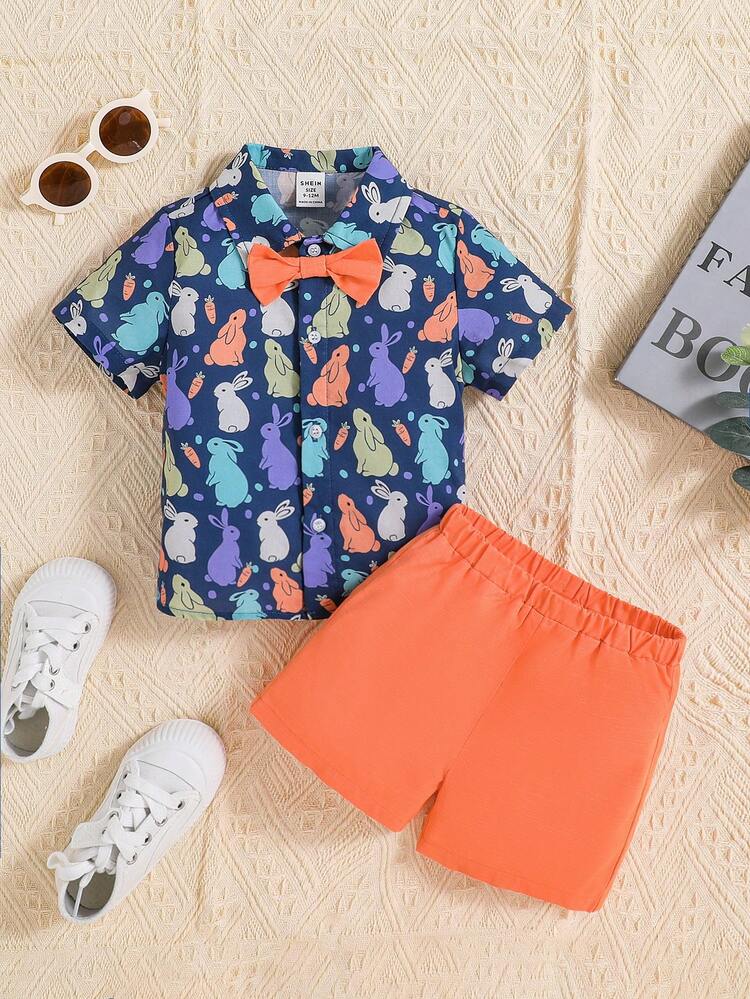 Baby Boys' Easter Bunny Printed Short Sleeve Shirt And Solid Color Casual Shorts Set