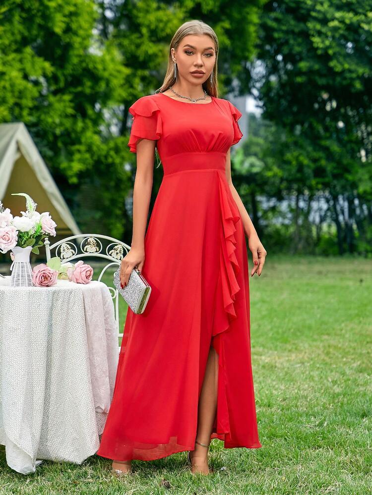 Bridesmaid Dress With Round Neckline, Slit And Ruffles