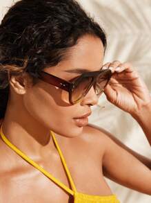 SHEIN VCAY Gafas de sol con gradiente de color té, marco de color té doble, lentes escolares con estilo bohemio - Marrón - Ver 6