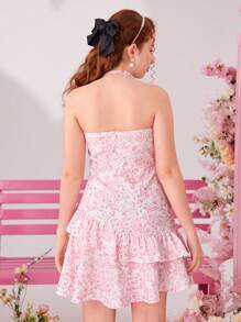 SHEIN Girlism Teen Girls' Woven Floral Print Ruffle Trim Casual Spaghetti Strap Dress - Pink - View 2