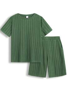 SHEIN 4入組十幾歲男孩休閒 Masson2021 純色鬆身短袖t恤和短褲夏季套裝 - 彩色 - 查看 7