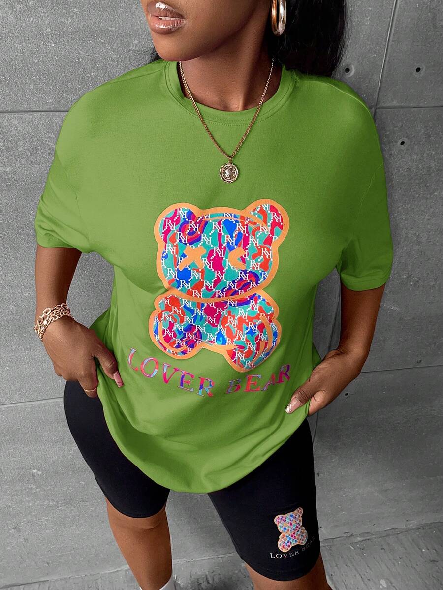 Slaydiva Của phụ nữ Hoạt hình In Ngắn tay Áo thun Và Quần short xe đạp Bộ - Màu xanh Bạc hà - Xem 1