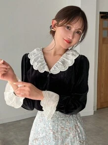 FRIFUL Của phụ nữ Khối màu Nhóm thêu Tay áo chuông Áo sơ mi - màu đen - Xem 4