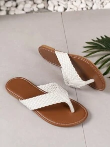 Women Woven White-Brown Flat Sandals Thong Slippers, Solid Color Open Toe Anti-Slip Slippers For Outdoor And Indoor Wear - White - View 3