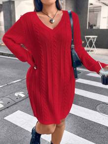 Flirla 加大尺碼v領針織毛衣連衣裙 - 紅色 - 查看 1