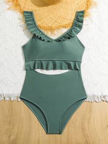 Teen Girl's Ruffled Trim & Hollow Out One-Piece Swimsuit - Army Green - View 5