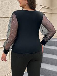 SHEIN Clasi Plus Size Women'S Long Sleeve Mesh Top With Shiny Sequin Patchwork - Black - View 2