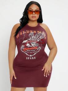 SHEIN SXY 大尺碼女士老鷹字母印花露背連衣裙 - 酒紅色 - 查看 4