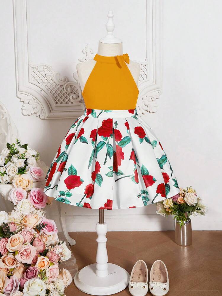 Tween Girls' Halter Top And Printed Skirt Casual 2pcs Set