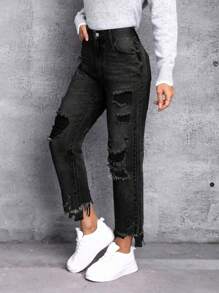 SHEIN 女式生邊直筒丹寧褲 - 黑色 - 查看 3