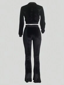 2 件套女士休闲天鹅绒短款夹克连帽衫和喇叭裤套装，性感纯色秋冬季装