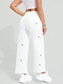 SHEIN EZwear Của phụ nữ quần ống rộng Denim Quần jean Với Thêu trái tim - trắng - Xem 2