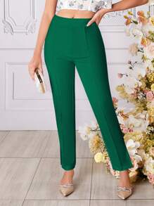 SHEIN Privé 女款純色開叉下擺長褲 - 墨綠色 - 查看 4