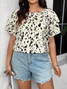 SHEIN LUNE 大碼女士圓領印花短袖上衣 - 卡其色 - 查看 5