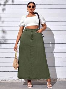SHEIN CURVE+ Plus Size Women Military Green Fashion Denim Skirt, Non-Stretch