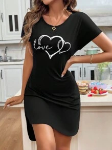 SHEIN LUNE 女士情人節浪漫心形和字母印花舒適裹身洋裝,側開叉口 - 黑色 - 查看 1